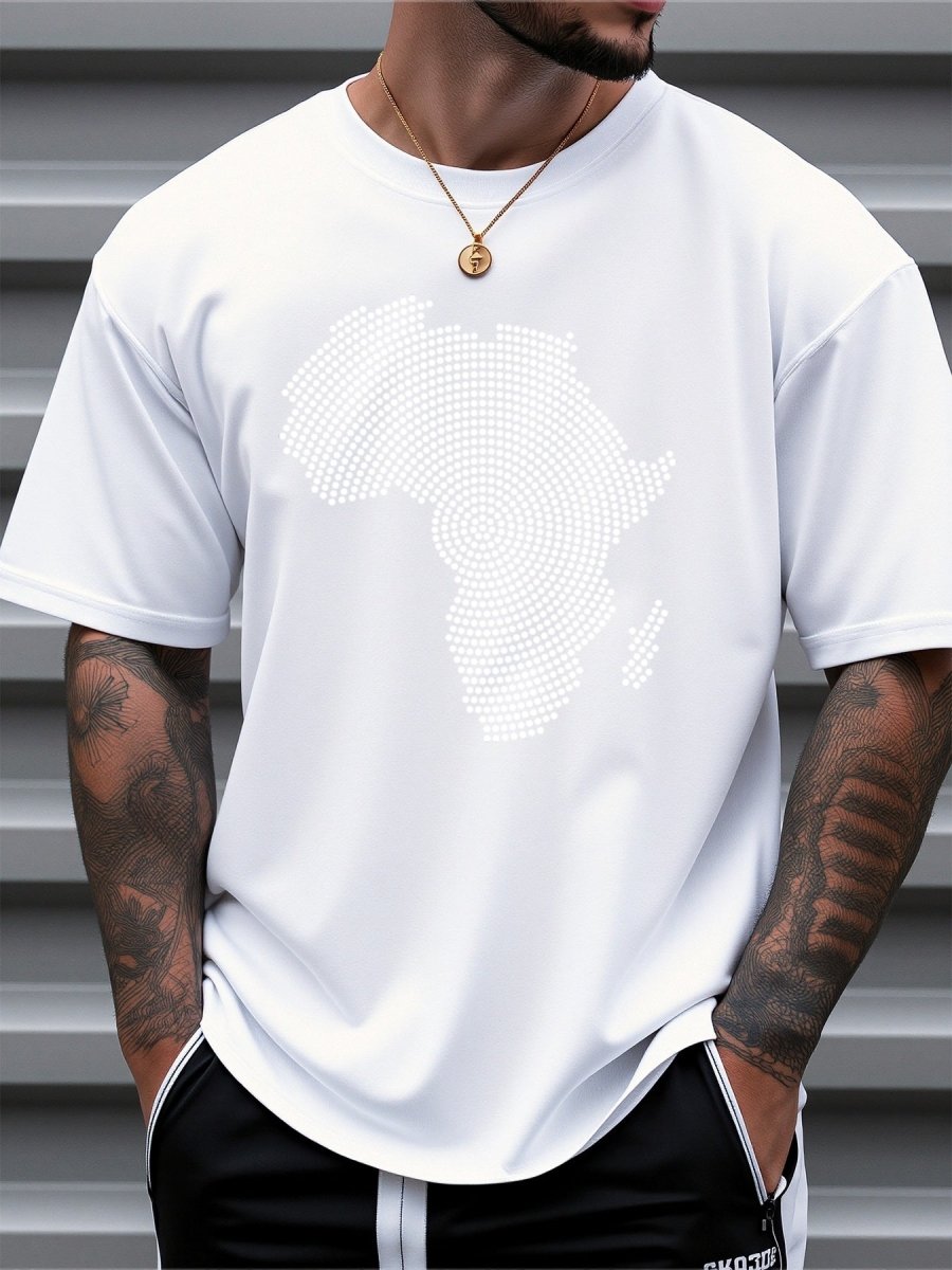 Men's African Map Print T-Shirt - 100% Cotton Loose Fit Casual Tee with Navy Blue & White Dot Design, Breathable Summer Shirt for Daily & Outdoor Wear, Comfortable Streetwear | Bold Graphic Tee | Soft Fabric Top - Free Delivery Worldwide only at Flexi Africa