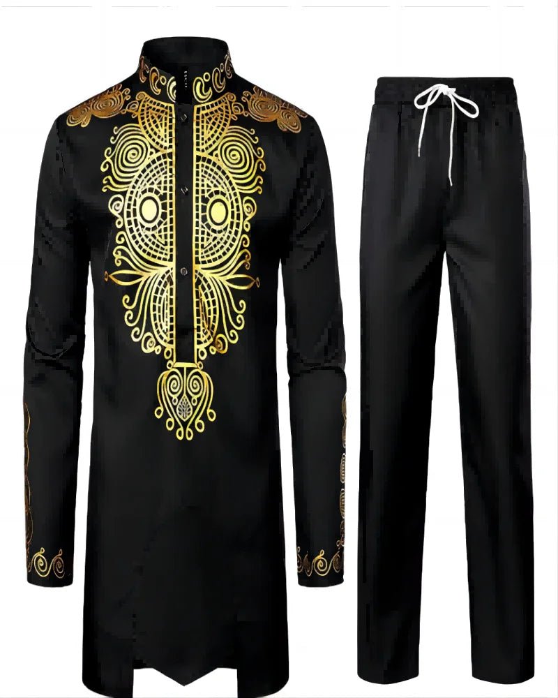 Mens' African Traditional Cotton Suit: 2PC Dashiki Set with Long Sleeve Gold Print Shirt and Pants - Flexi Africa - Flexi Africa offers Free Delivery Worldwide - Vibrant African traditional clothing showcasing bold prints and intricate designs