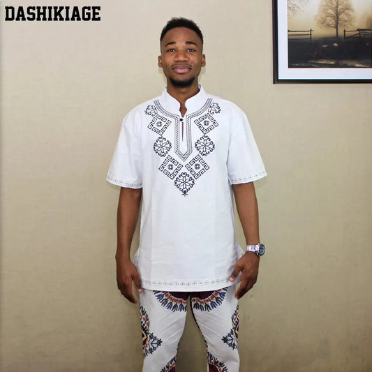 Men's Vintage African Tunic: High Quality Embroidered Dashiki T-shirt with Fringe - Ethnic Festival Hippy Top - Free Delivery Worldwide only at Flexi Africa