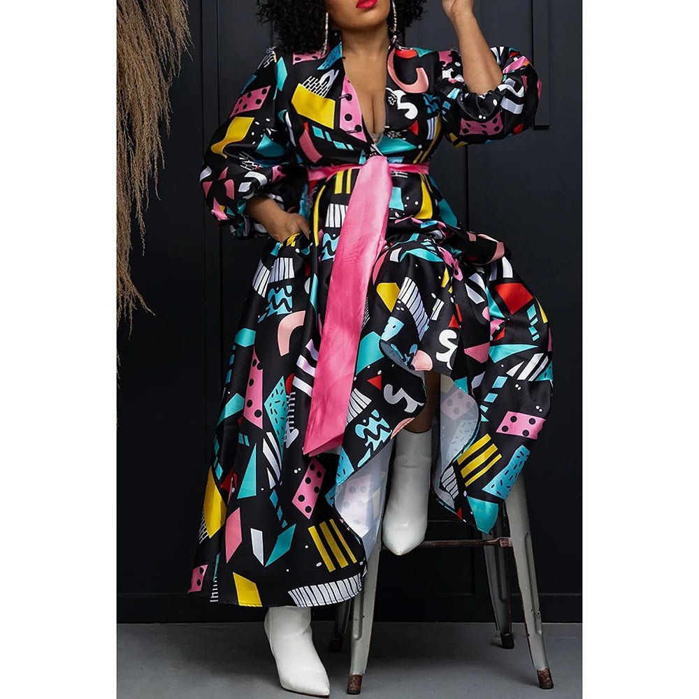 Plus Size Business Casual Maxi Dress: Black All Over Print with Lantern Sleeves and Pocket - Flexi Africa - Free Delivery Worldwide only at www.flexiafrica.com