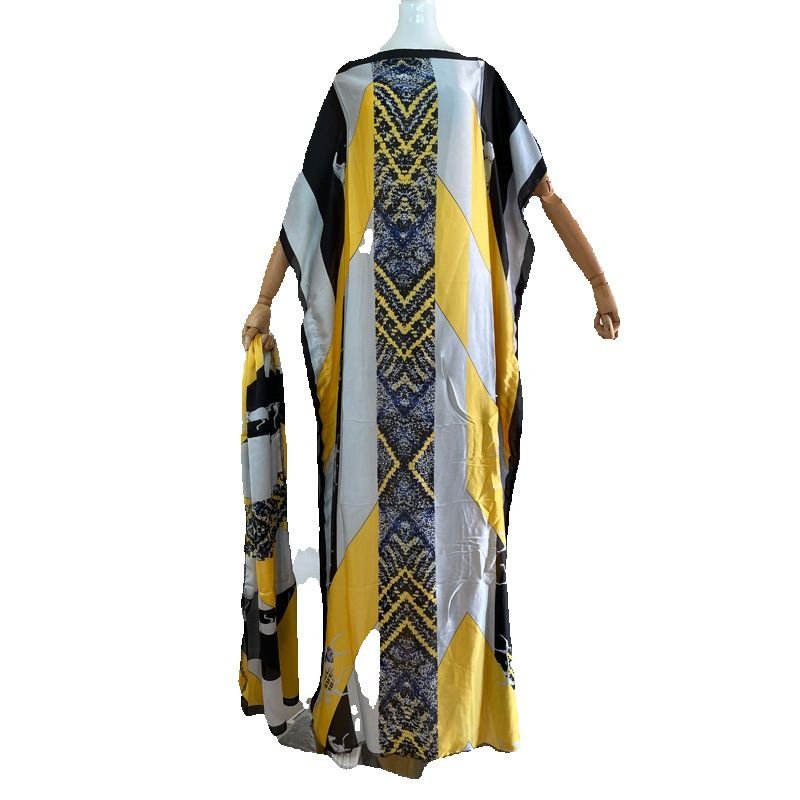 Plus-Size Dress Set with Elegant Floor-Length Gown and Matching Scarf - Flexi Africa - Flexi Africa offers Free Delivery Worldwide - Vibrant African traditional clothing showcasing bold prints and intricate designs