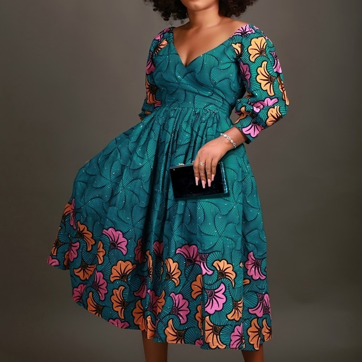 Plus Size Women's Casual Floral Print Dress - V - Neck Fitted A - Line Skirt with Slight Stretch - Free Delivery Worldwide only at Flexi Africa