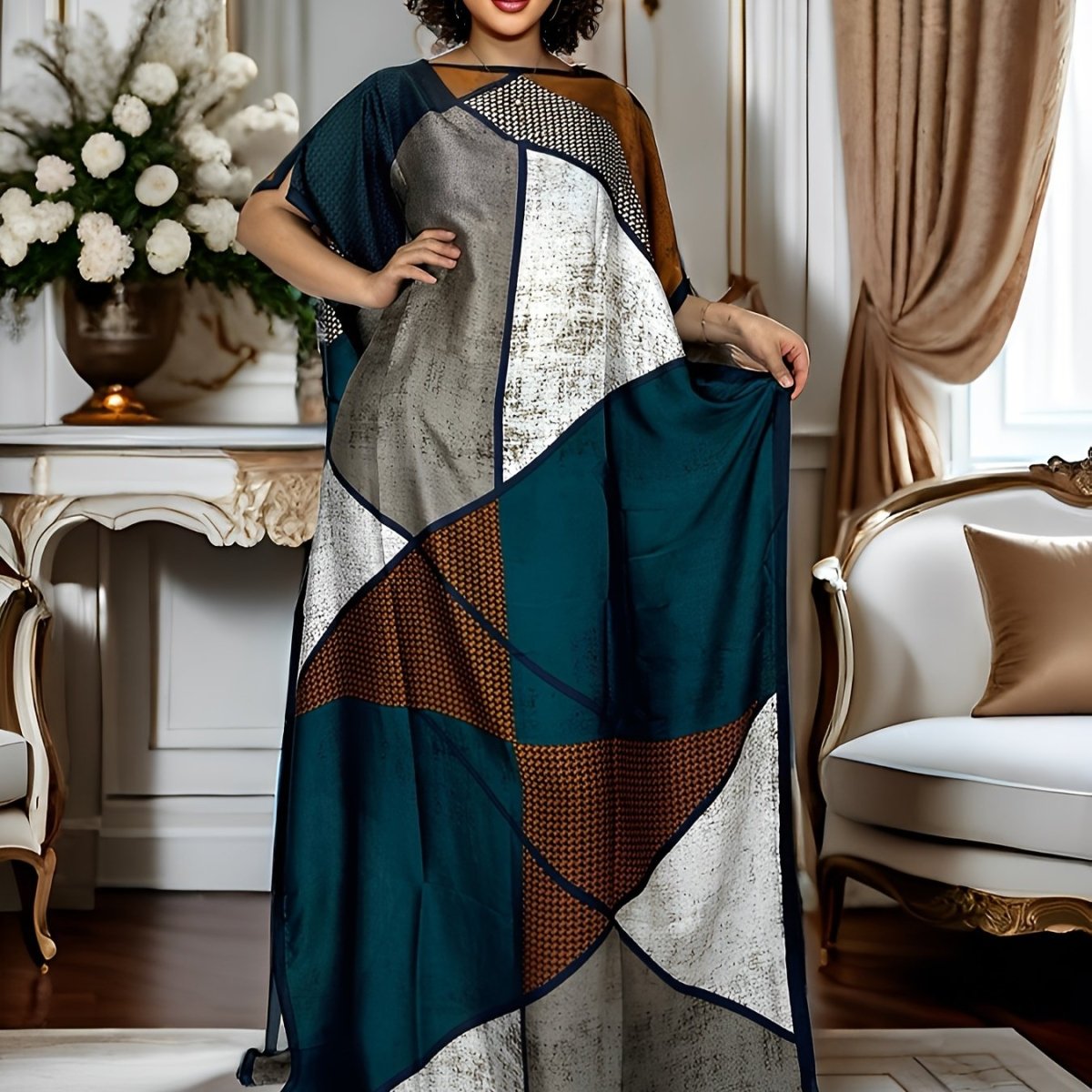 Plus Size Women's Colorblock Geometric Print Maxi Kaftan – Batwing Sleeve, Round Neck, Modest Dress - Free Delivery Worldwide only at Flexi Africa