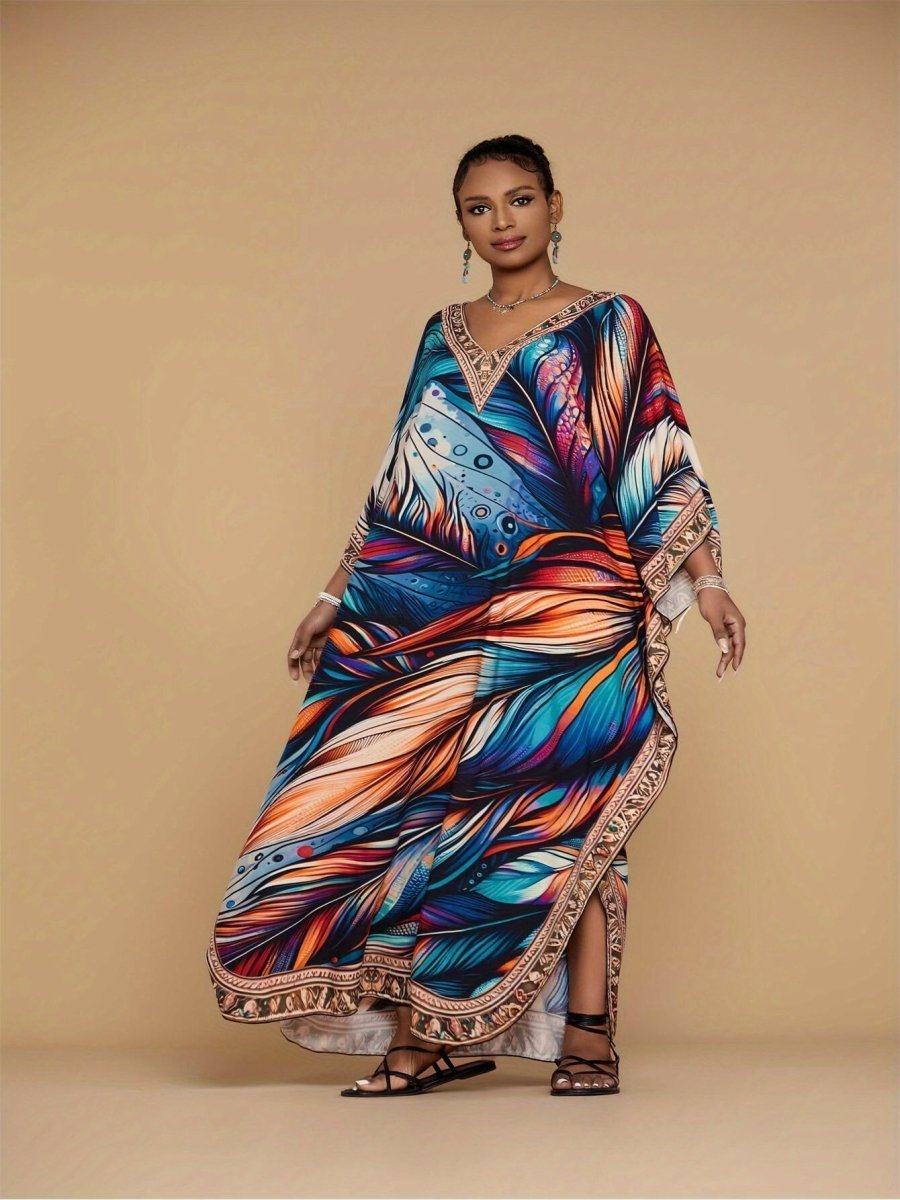 Plus Size Women's Comfortable Printed Kaftan Dress - Loose - Fitting Bohemian V - Neck Beach Cover - Up with Ethnic Style - Free Delivery Worldwide only at Flexi Africa