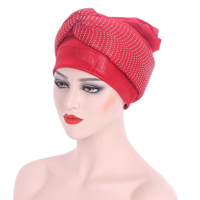 Polyester African Headtie Diamonds Glitter Women Turban Caps Muslim Hijab Bonnet Hats Female Autogeles - Free Delivery