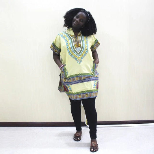 Radiant in Yellow: Authentic 100% Cotton African Dashiki for Women Dashikiage - Free Delivery Worldwide only at Flexi Africa