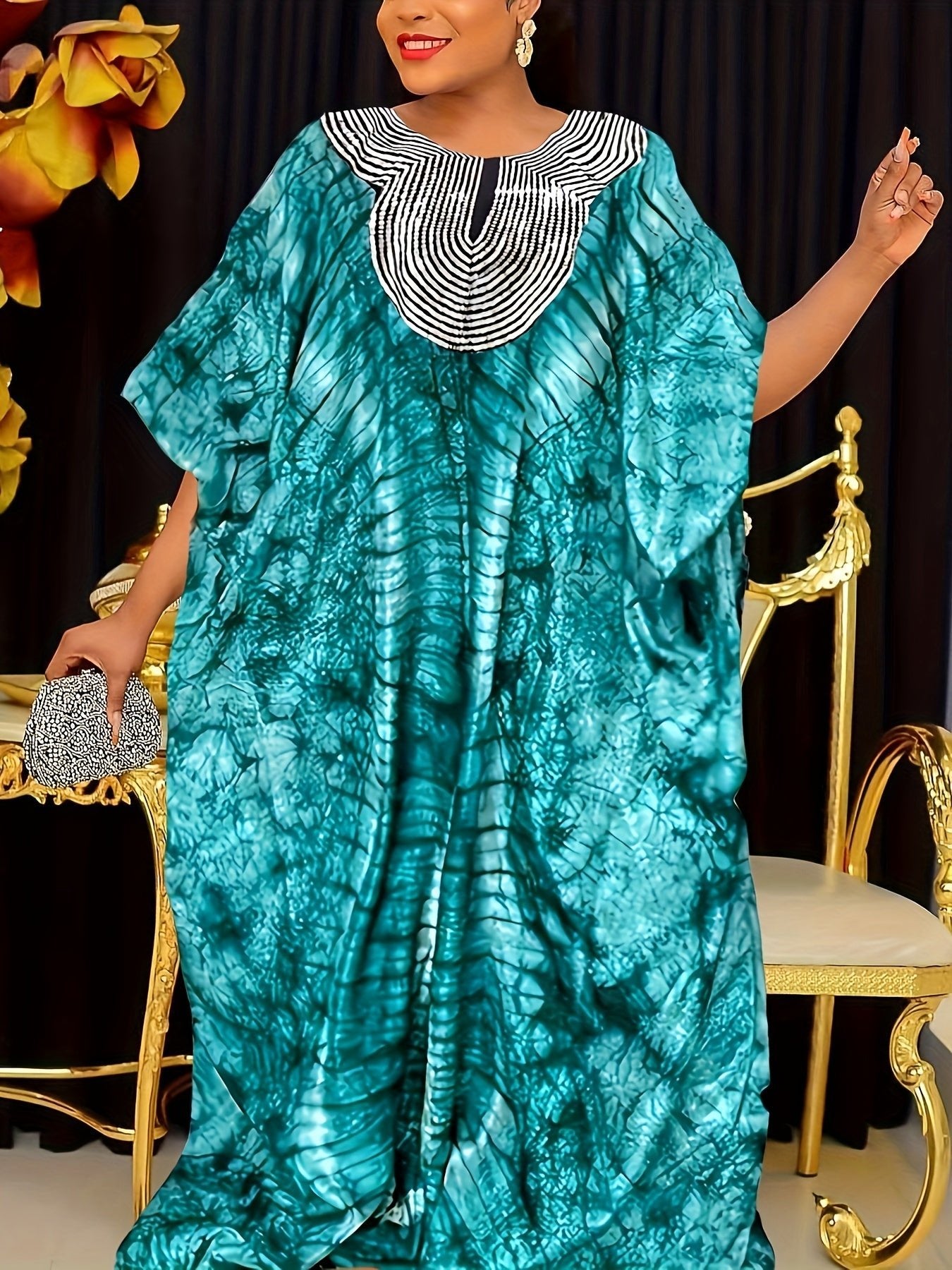 Ramadan All Over Print Sequin Neck Kaftan Dress, Modest Loose Maxi Length Kaftan - Free Delivery Worldwide only at Flexi Africa