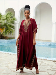 Ramadan Plus Size Boho Kaftan Dress - Golden Embroidered Bat Sleeve Notched Neck Maxi Cover Up Dress - Free Delivery Worldwide only at Flexi Africa