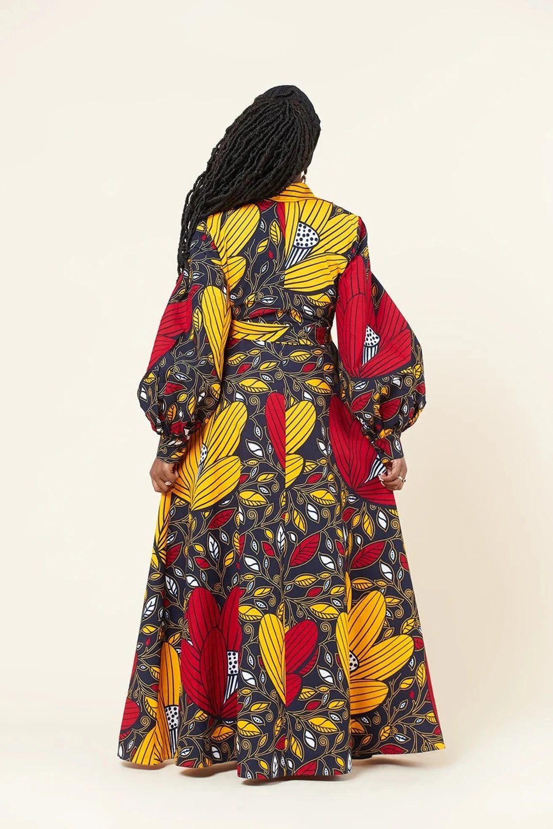 Red Yellow Plus Size African Ankara Print Long Shirt Dress with Free Headwrap and Nose Mask Flexi Africa www.flexiafrica.com