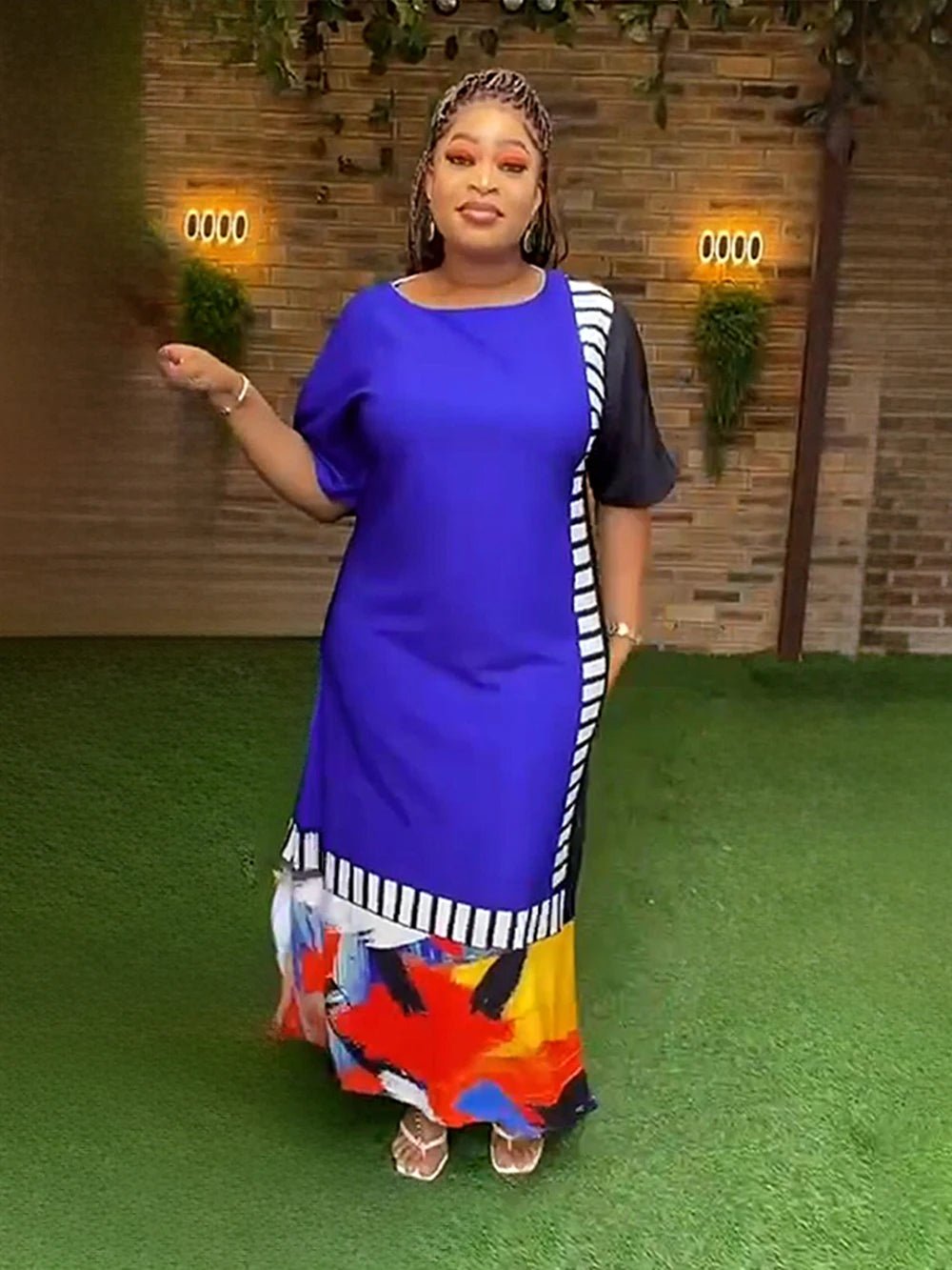 Refined African Dresses: Muslim Fashion Maxi Dress with Short Sleeves, Loose Fit, Dashiki Ankara Print - Free Delivery Worldwide only at Flexi Africa