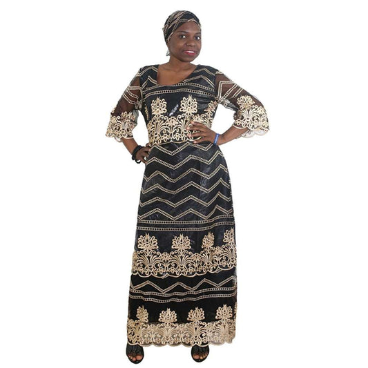 Refined Elegance: Embroidered Bazin Riche Long Dress for Women - Flexi Africa - Free Delivery www.flexiafrica.com