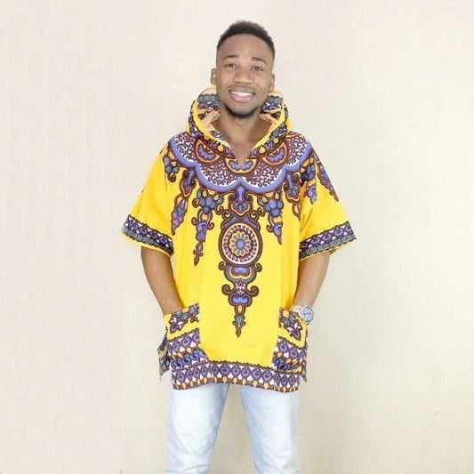 Regal Comfort: Men's African Dashiki Hoodie in Vibrant Yellow Traditional Clothing - Free Delivery Worldwide only at Flexi Africa