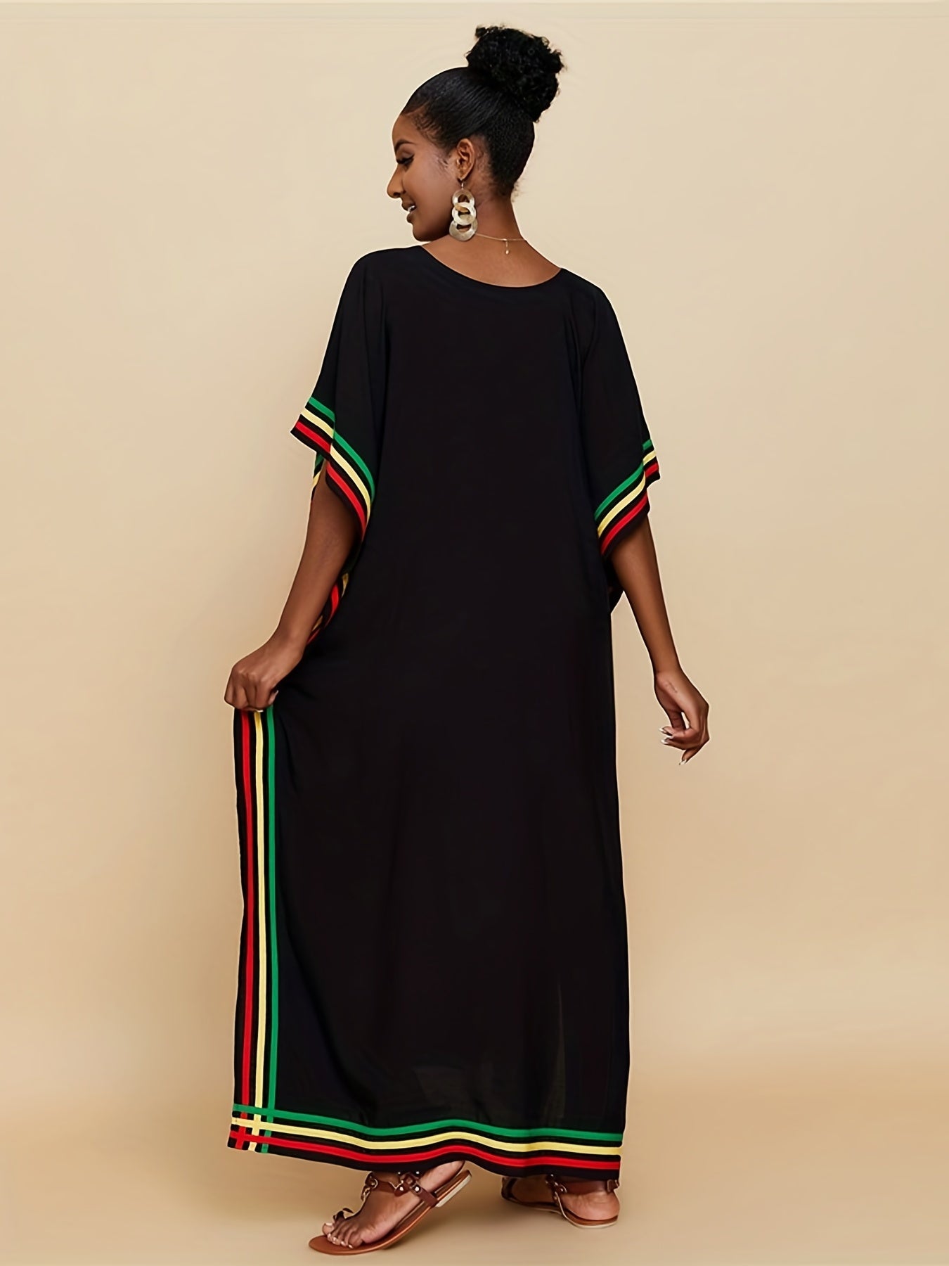 Striped Print V - Neck Batwing Sleeve Cover Up Dress, Side Split Loose Fit Black Elegant Beach Kaftan - Free Delivery Worldwide only at Flexi Africa