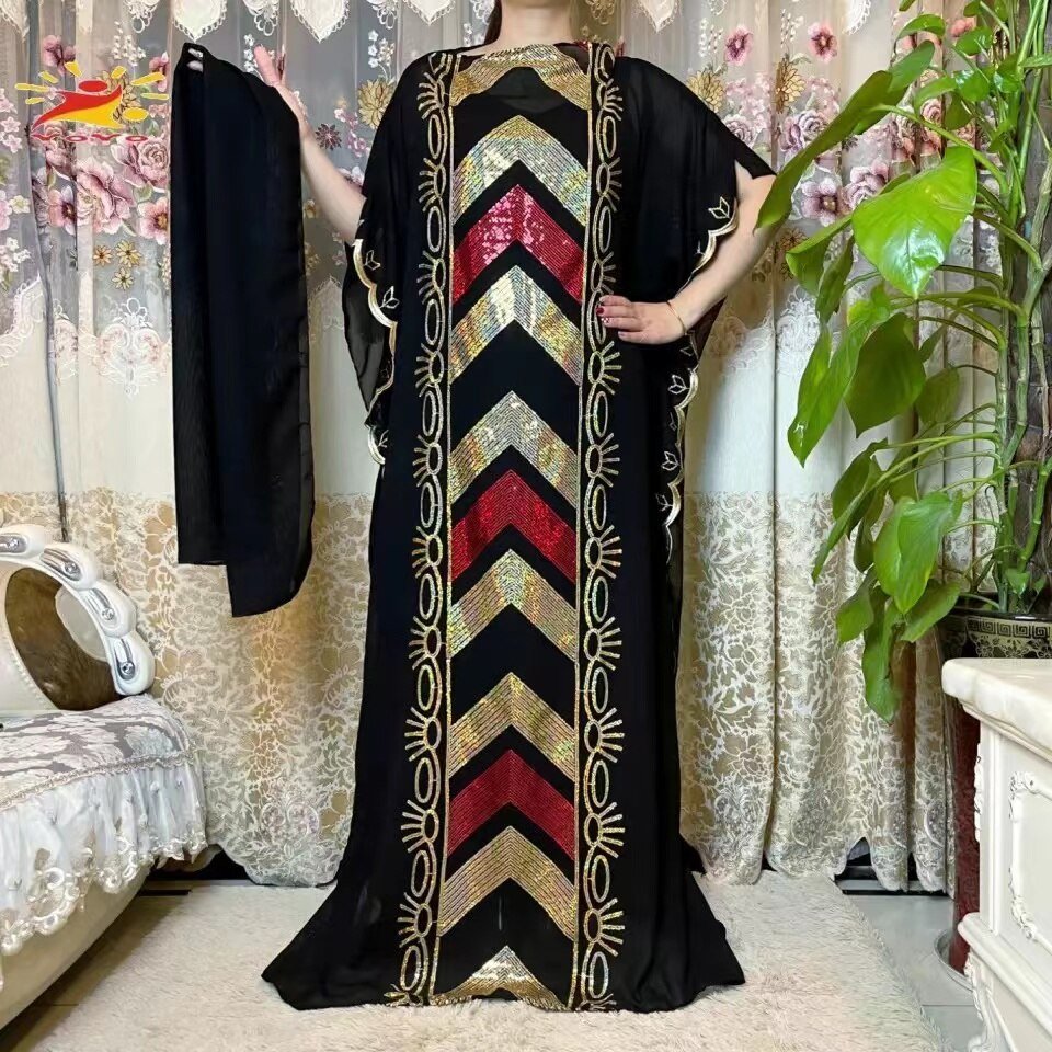 Stunning African Embroidery Flower Dress for Women - Muslim Sequin Embroidery and Scarf Included - Flexi Africa FREE POST