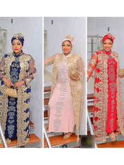 Stunning African Lace Embroidered Coat and Pressed Diamond Pattern Long Dress Set with Scarf - Flexi Africa - Free Delivery