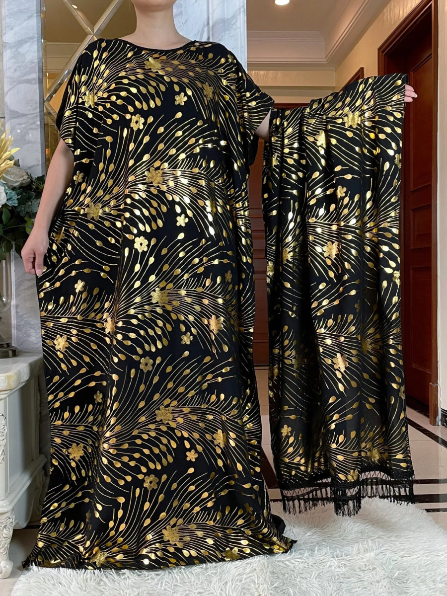 Summer Kaftan Dress with Oversized Scarf – Loose Fit Abaya for Women, African - Inspired Casual Maxi with Gold Stamping - Free Delivery Worldwide only at Flexi Africa