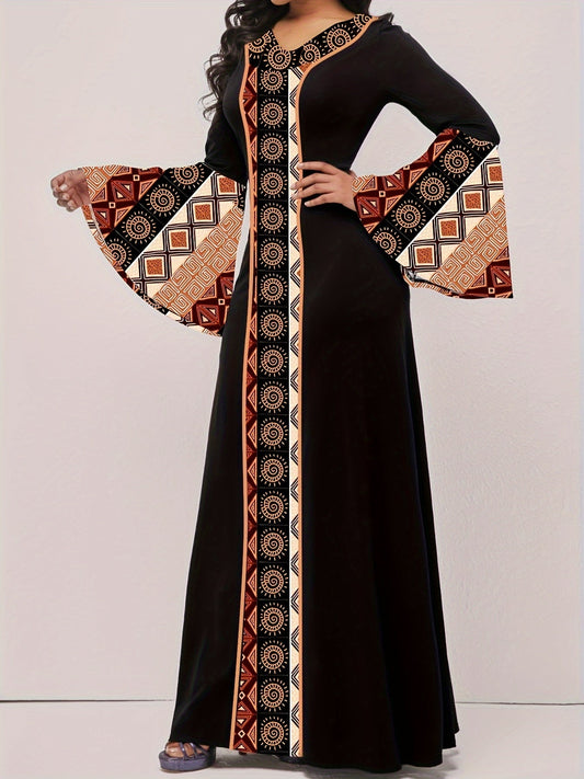 Tribal Print Patchwork Waist Maxi Dress, Elegant Flared Long Sleeve V - neck - Free Delivery Worldwide only at Flexi Africa