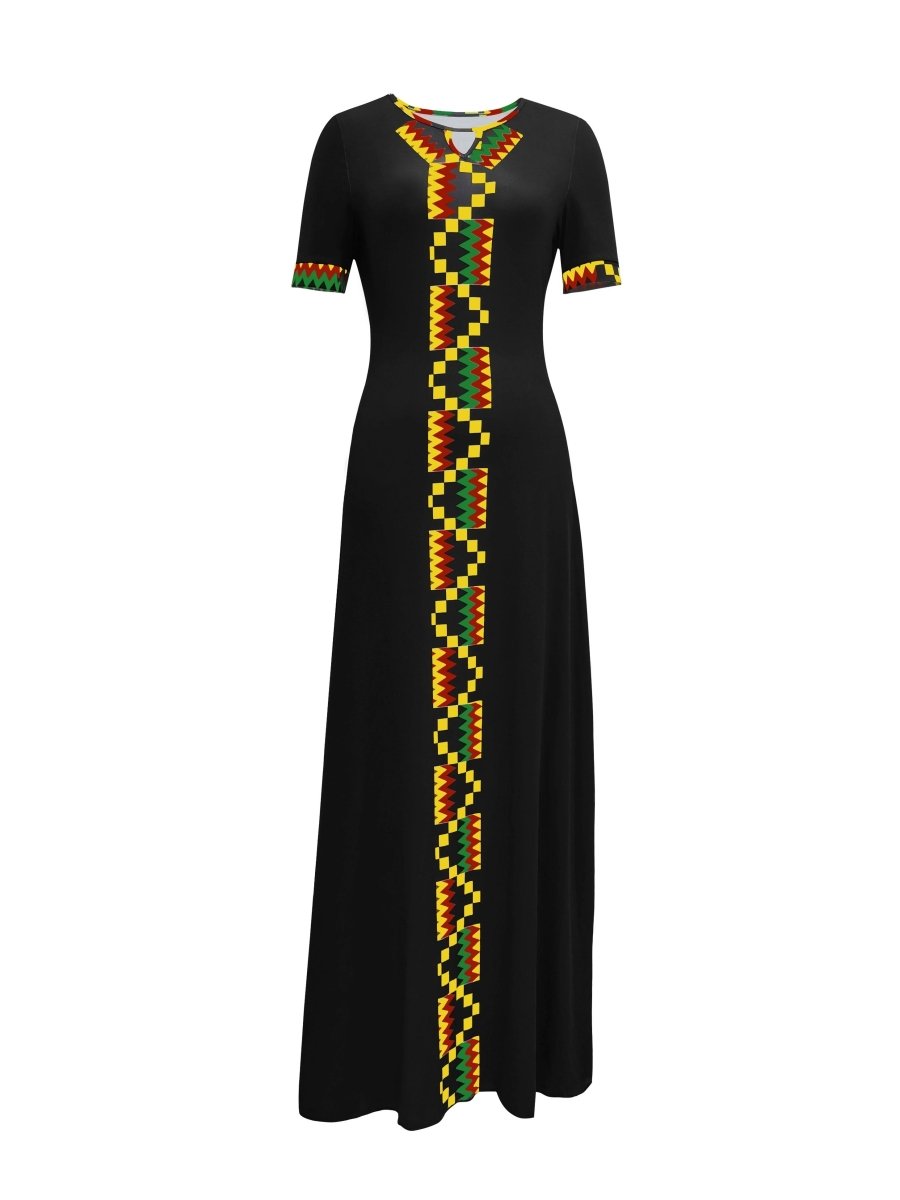 Vibrant Ethnic Print Maxi Dress - Chic Keyhole Detail, Relaxed Crew Neck, Short Sleeves, Flowy Floor - Sweeping Style - Designed Specifically for Womens Casual Wear - Flexi Africa - Free Delivery Worldwide only at www.flexiafrica.com