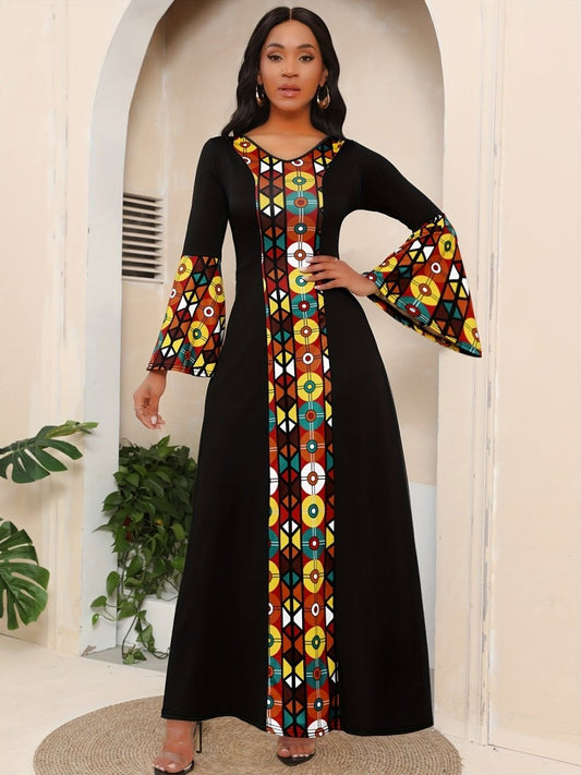 Vibrant Ethnic Print Maxi Dress - Fashionable Splicing, Flared Sleeves, V - Neck - Premium Feminine Style - Free Delivery Worldwide only at Flexi Africa