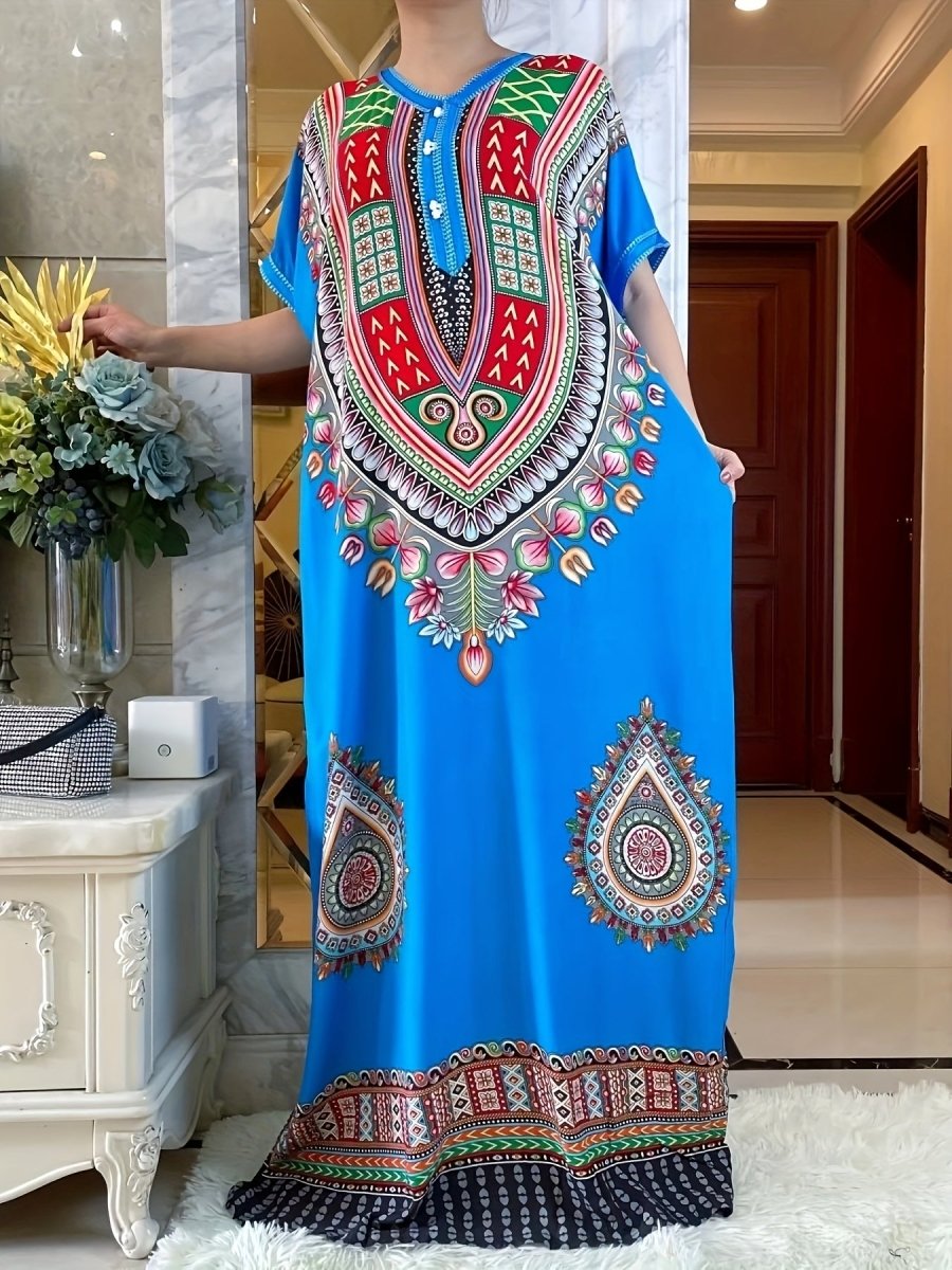 Vibrant Middle Eastern African Kaftan Dress - Colorful Rayon Tribal Long Gown with Short Sleeves, Loose Fit for All Seasons, Handwash/Dry Clean - Elegant Casual Wear - Free Delivery Worldwide only at Flexi Africa