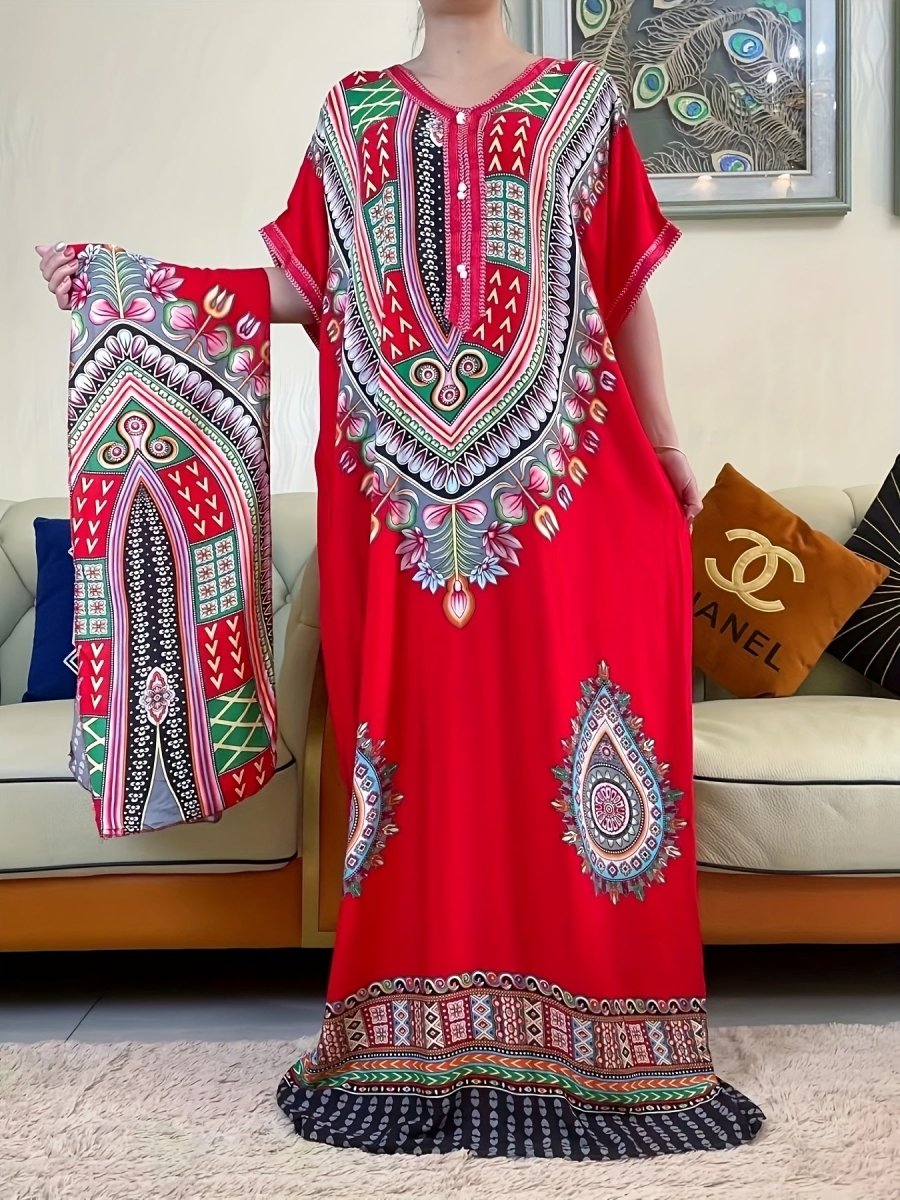 Vibrant Middle Eastern African Kaftan Dress - Colorful Rayon Tribal Long Gown with Short Sleeves, Loose Fit for All Seasons, Handwash/Dry Clean - Elegant Casual Wear - Free Delivery Worldwide only at Flexi Africa