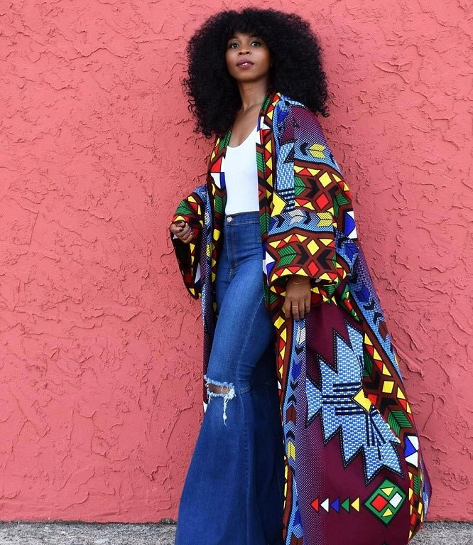 Women's African - Style Long Coat for Spring Floral Print Trench Coat - Flexi Africa - Free Delivery Worldwide only at www.flexiafrica.com