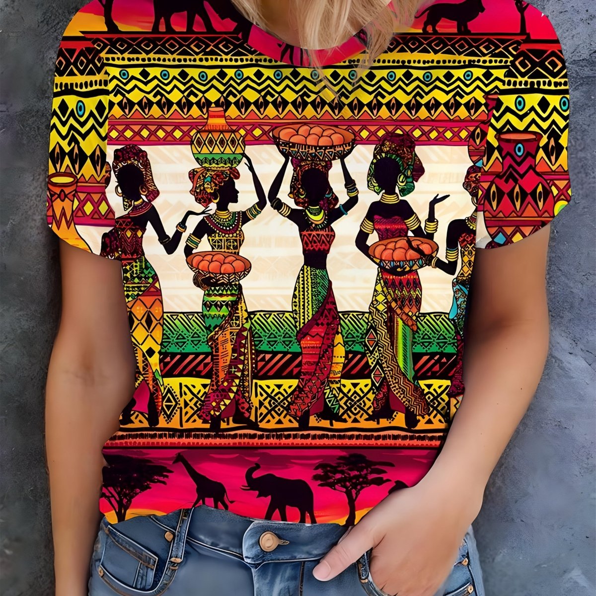 Women's African Tribal Print T-Shirt - Short Sleeve Crew Neck Top with Vibrant Geometric Patterns & Exotic Figures, 100% Polyester Machine Washable, Casual Spring Summer Fashion Tee, Cultural Authentic Design - Free Delivery Worldwide only at Flexi Africa