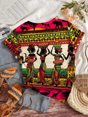 Women's African Tribal Print T-Shirt - Short Sleeve Crew Neck Top with Vibrant Geometric Patterns & Exotic Figures, 100% Polyester Machine Washable, Casual Spring Summer Fashion Tee, Cultural Authentic Design - Free Delivery Worldwide only at Flexi Africa