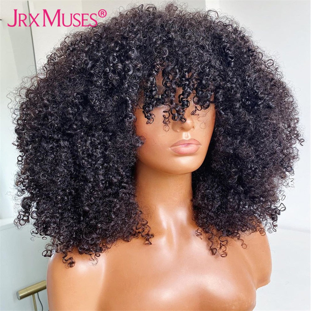Thick & Curly: 200 Density Human Hair Wig with Bangs - Short Bob Afro Kinky Machine Made Wigs for Black Women - Flexi Africa - Flexi Africa offers Free Delivery Worldwide - Vibrant African traditional clothing showcasing bold prints and intricate designs